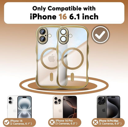 Misscase for iPhone 16 Case with Privacy Screen Protector,Compatible with MagSafe,Cute Wave Frame Anti-Scratch Case with Camera Lens Protector Plating Bling Case for iPhone 16 6.1" Women Gold