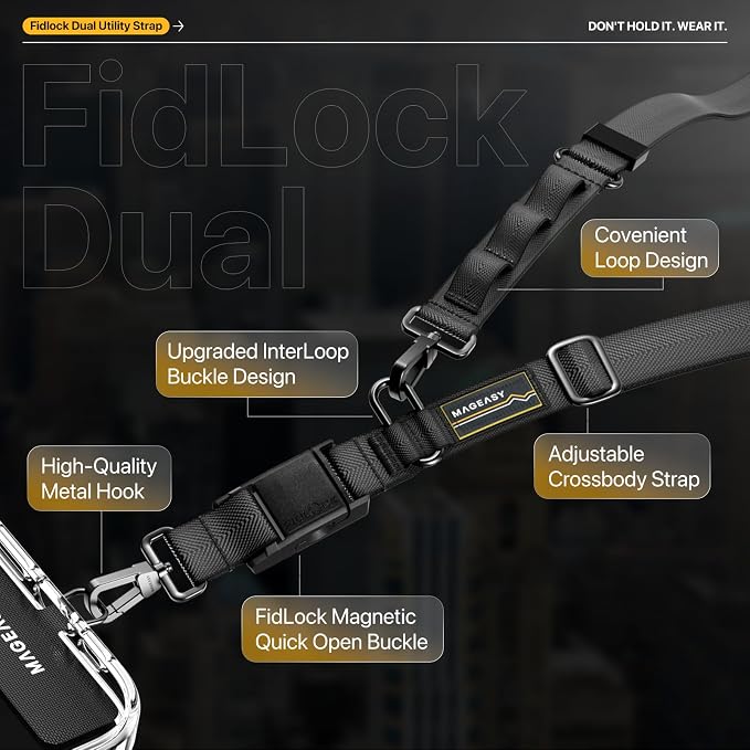MAGEASY 20mm FidLock Dual Crossbody Utility Strap- Adjustable Crossbody Phone Lanyard with Magnetic Quick Release Buckle, Universal Durable Strap for iPhone 16 Pro Max & Most Smartphones - Galaxy Gray