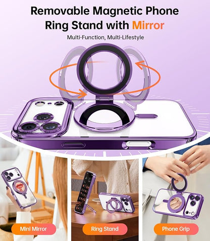 Meifigno Designed for iPhone 17 Pro Magnetic Case with Removable Phone Ring Stand, [Glitter Card & Wrist Strap] [MagSafe Compatible] [Built-in Mirror] Phone Ring Stand + Phone Case Kit, Purple
