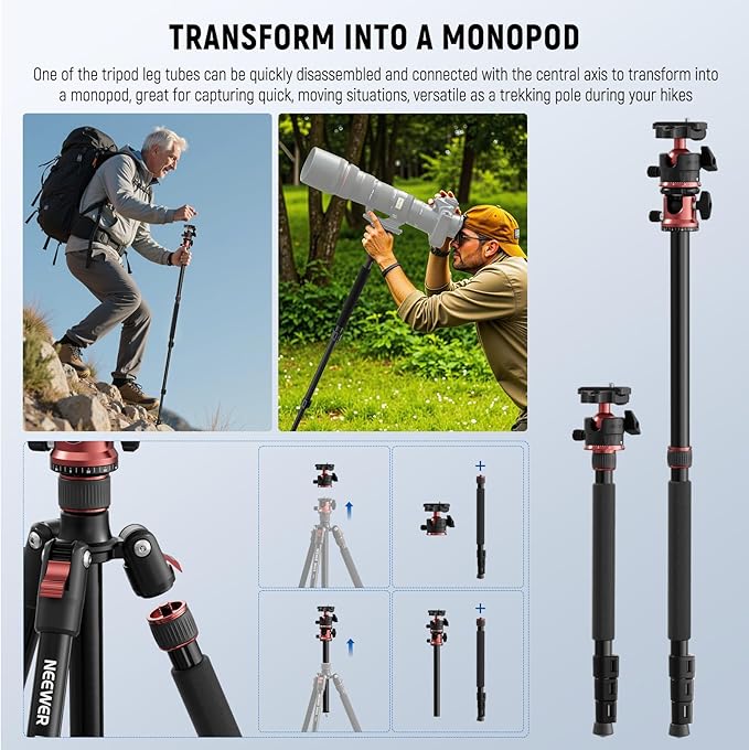 NEEWER Basics 70.9" Camera Tripod Monopod with Center Column & Ball Head, Quick Release Overhead DSLR Cell Phone Holder Stand Compatible with iPhone Travel Video Recording, 17.6 lbs Max Load, TP16