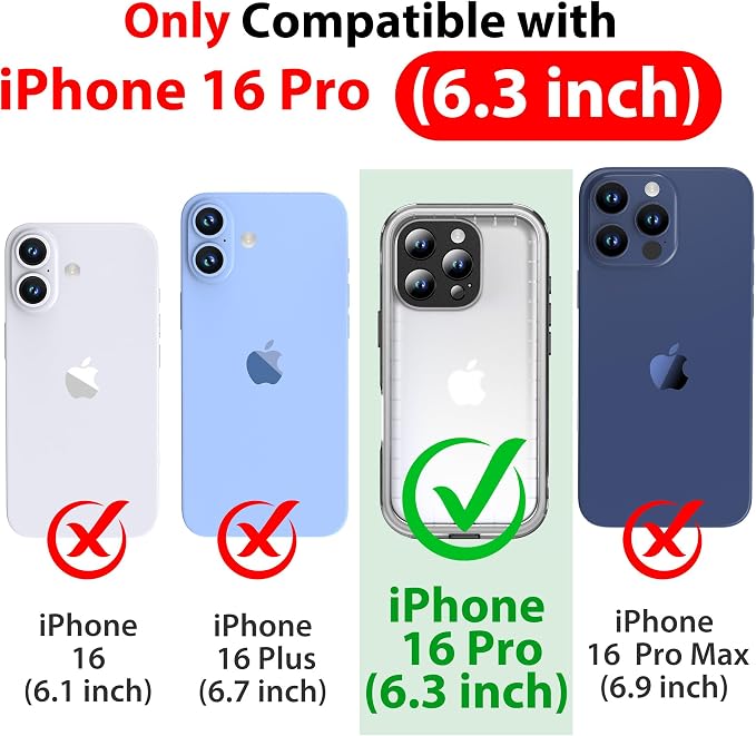 SPORTLINK for iPhone 16 Pro Case Waterproof - Built in Screen Protective, IP68 Underwater /6.6FT Military Dropproof/Dustproof/Full Body Phone Case 6.3 inch Black/Frosted Clear