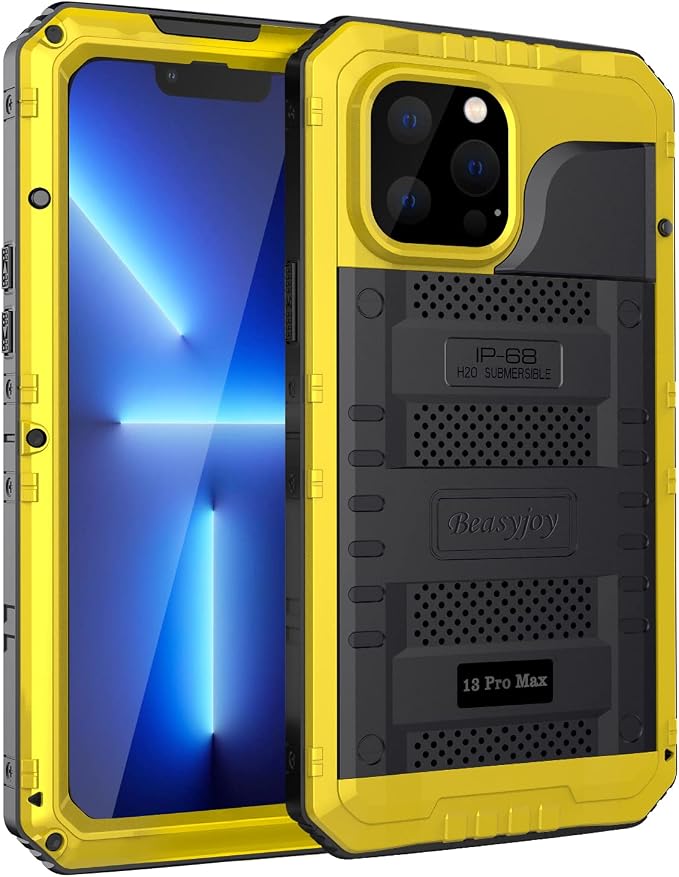Beasyjoy Waterproof Case for iPhone 13 Pro Max, Built in Screen Protector Metal Full Body Defender Case, Military Grade Rugged Heavy Duty Shockproof Armor Tough Phone Case 6.7'' (Yellow)