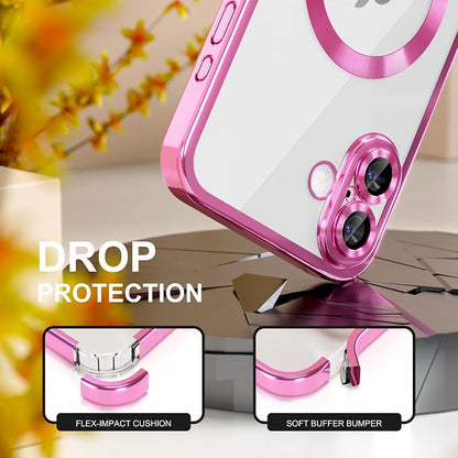 Misea Magnetic for iPhone 17 Case Compatible with MagSafe [Never Yellowing] [Military Grade Drop Protection] Full Camera Lens Protector Plating Soft Clear Phone Case for Women, Hot Pink