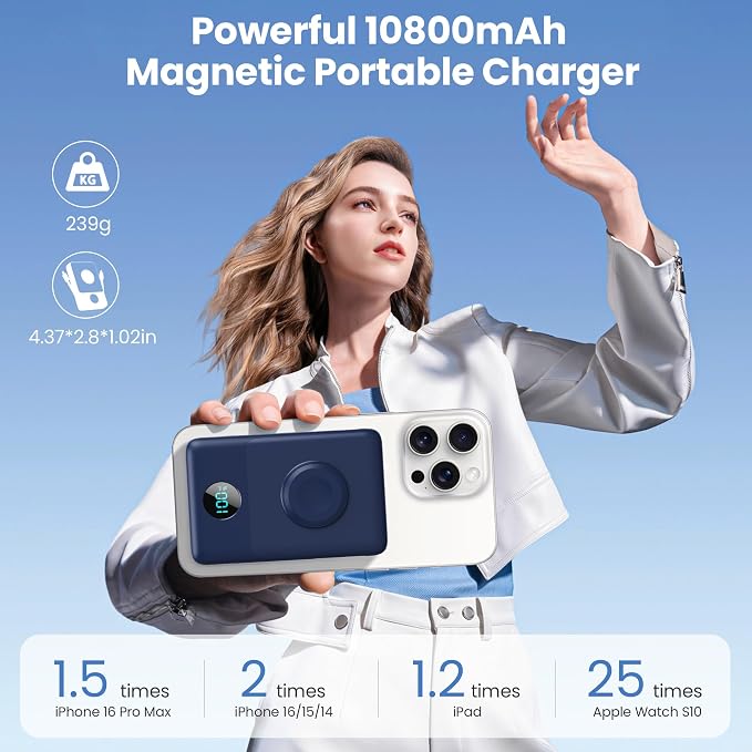 6 in 1 Magnetic Portable Charger for iPhone with Built-in Cables, 10800mAh 25W PD Fast Charging Power Bank, 6 Outputs Travel Essential Battery Pack for iPhone 17/16/15/14/13/12,Apple Watch (Blue)