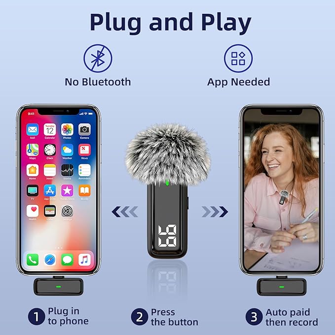 Mini Wireless Lavalier Lapel Microphone for iPhone Android Phone - Noise Canceling Clip on Microphone, 2 in 1 USB C & Lightning Lav Mic for Audio Recording Tiktok Instagram Voiceover