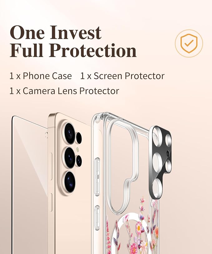 GVIEWIN for Samsung Galaxy S26 Ultra Case Compatible with MagSafe, Clear Floral Shockproof Protective Women Phone Case, Non-Yellowing, Screen&Camera Lens Protector for S26 Ultra 6.9",Floratopia/Orange