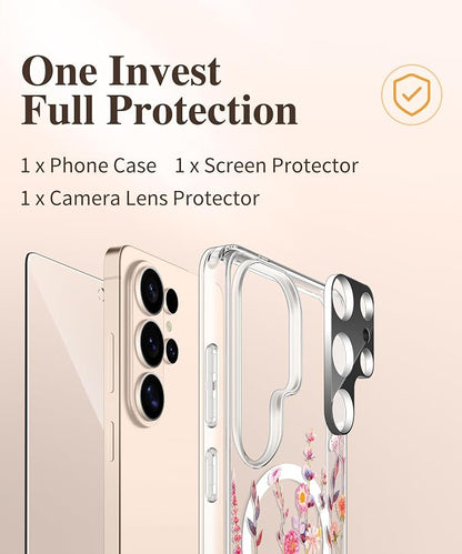 GVIEWIN for Samsung Galaxy S26 Ultra Case Compatible with MagSafe, Clear Floral Shockproof Protective Women Phone Case, Non-Yellowing, Screen&Camera Lens Protector for S26 Ultra 6.9",Floratopia/Orange
