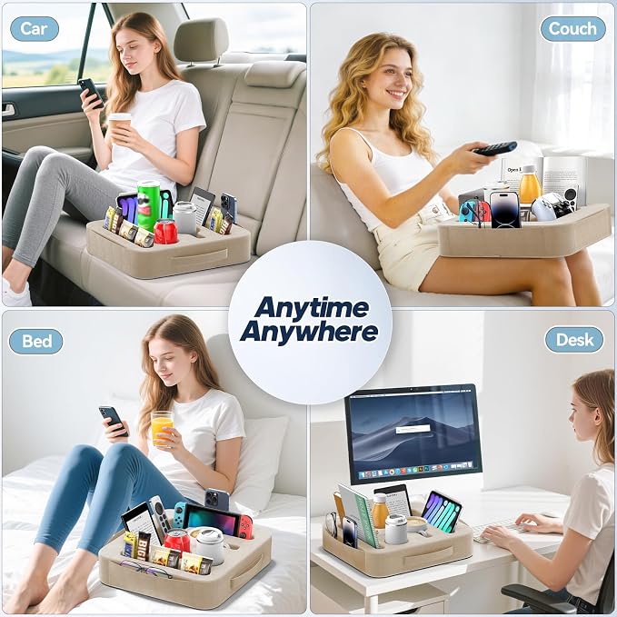 Couch Cup Holder Tray, Couch Caddy for Drink, Snack, Phone, Remote, Ipad, Game Controller, Large-Size Sofa Cup Holder for Bed, Sofa, Car, Desk, Khaki
