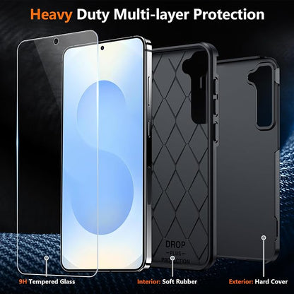 SPIDERCASE Designed for Samsung Galaxy S25 Plus Case, [10 FT Military Grade Drop Protection],2 Pack [Tempered Glass Screen Protector+Camera Lens Protector] Heavy Duty Shockproof Case,Black