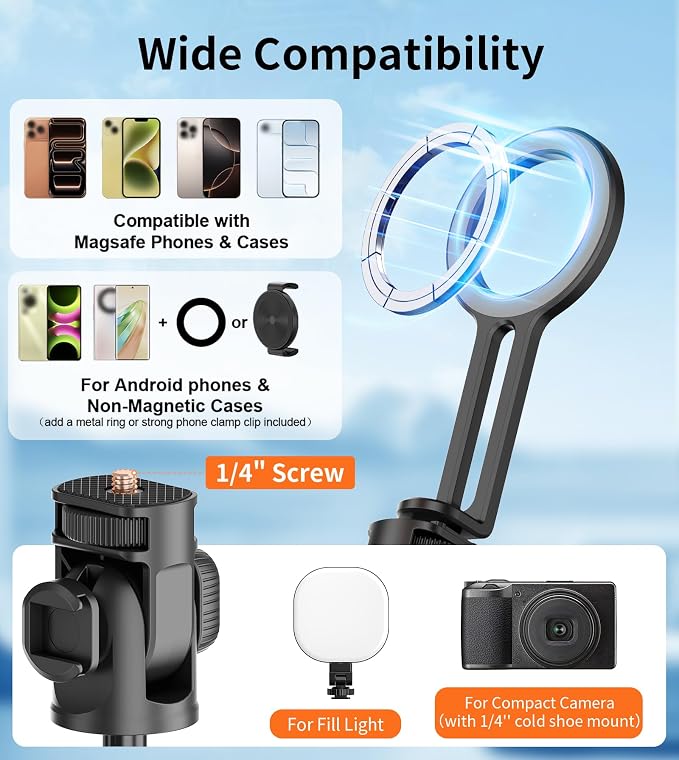 69" Magnetic Phone Tripod with Phone Clamp,Selfie Stick Monopod for Magsafe with Remote & Phone Mount Adapter,Portable Tripod for iPhone/Android,Portable Camera,Photo,Vlogging,Live Streaming,Travel
