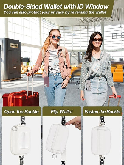 Clip and Go Strap for Phone with Wallet Crossbody Phone Lanyard Adjustable and Detachable RFID Wristlet Wallet with ID Window and Zipper, Cream(L)