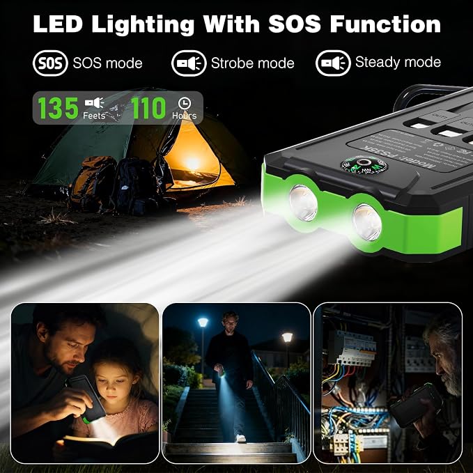 Solar Charger Power Bank 20,000mAh, Portable Charger, 4 Cables 3 Ports Fast Charging External Battery Pack with USB C for Cell Phones, Solar Panel Charger with Dual Flashlight for Camping Green