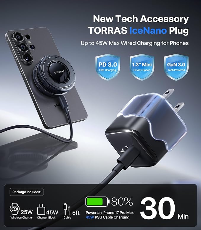 TORRAS PolarCircle Qi2.2 Wireless Charger, 25W Cooling Magnetic Pad for Samsung Galaxy S26/S25, Wireless Charger for iPhone 17/16 with 360°Spin Stand, Semiconductor Phone Cooler, with 45W IceNano Plug