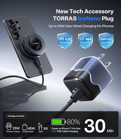 TORRAS PolarCircle Qi2.2 Wireless Charger, 25W Cooling Magnetic Pad for Samsung Galaxy S26/S25, Wireless Charger for iPhone 17/16 with 360°Spin Stand, Semiconductor Phone Cooler, with 45W IceNano Plug