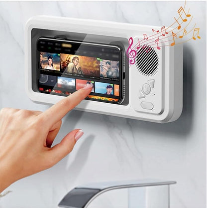 Shower Phone Holder Waterproof with Bluetooth Speaker | 2026 New IPX6 Anti-Fog, 480° Rotatable | Bathroom Case with Speaker Holes | Fits 4-7" Cell Phones & iPhone | Bathroom Wall Mirror