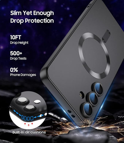 Magnetic for Samsung Galaxy S25 Case [Compatible with MagSafe][Built-in Camera Lens Protector] Slim Soft Silicone Bumper Shockproof Metallic Luster Phone Shell (Black)