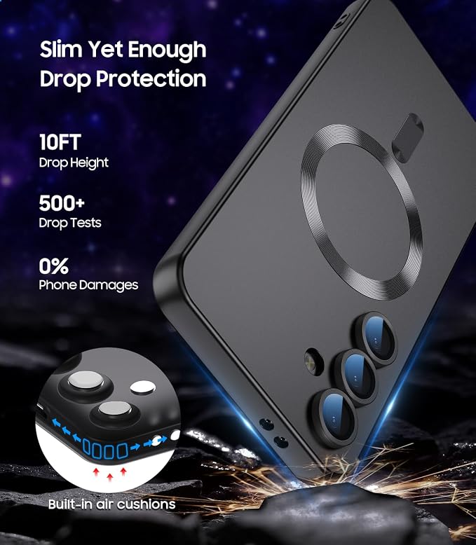 Magnetic for Samsung Galaxy S25 FE Case [Compatible with MagSafe][Built-in Camera Lens Protector] Slim Soft Silicone Bumper Shockproof Metallic Luster Phone Case, Black