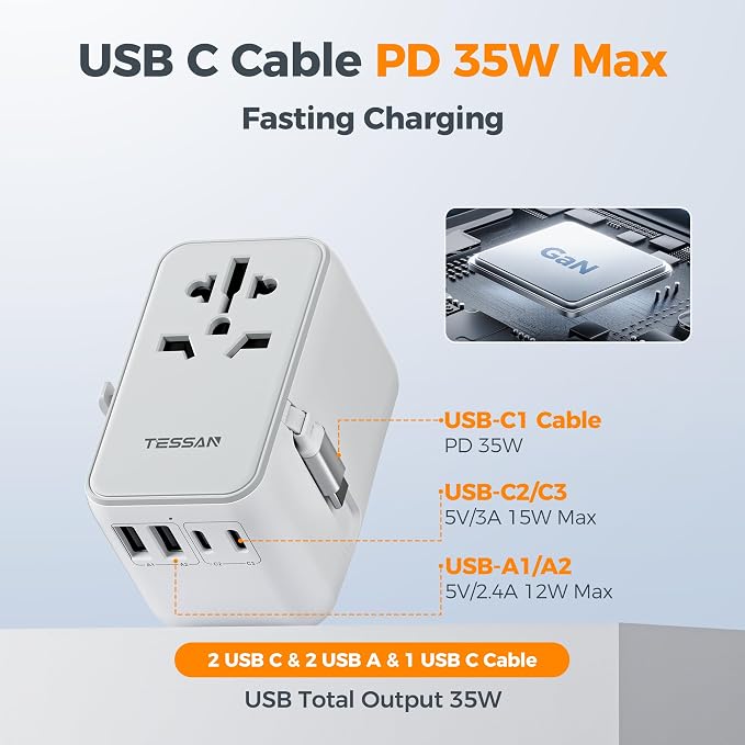 TESSAN Universal Travel Adapter PD 35W GaN | Built-in Retractable USB C Cable, 6 in 1 Worldwide, 4 USB Ports, US to Europe UK AUS, Type C G A I