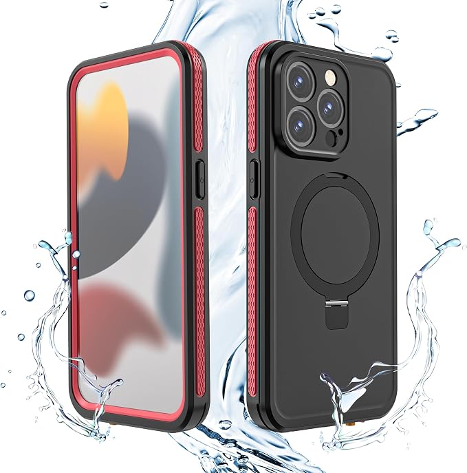 Omio for iPhone 15 Pro Max Waterproof Case with Stand Compatible with MagSafe, Full Body Magnetic IP68 Underwater Case Built-in Screen Protector Military Grade Shockproof Case for Men Women, Red