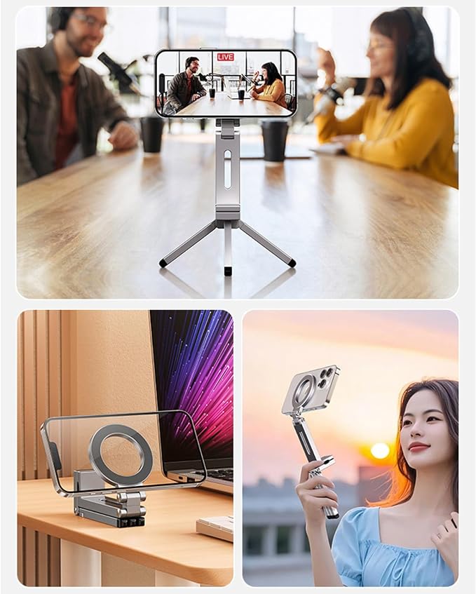 Magnetic Tripod for iPhone 16/15/14/13/12 Plus Pro Max Series,Aluminium Mini Magnetic Phone Tripod for iPhone & MagSafes,360° Adjustable Magic Clip Folding Magnetic Phone Stand,1/4" Screw