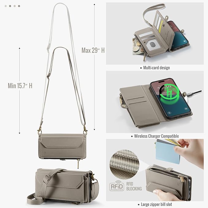 Strapurs Wallet Case Compatible with iPhone 16 6.1" RFID Blocking 7-Card Holder Soft PU Leather Magnetic Snap Shoulder Strap Zipper Pocket Phone Case Fit for iPhone 16 for Women - Grey