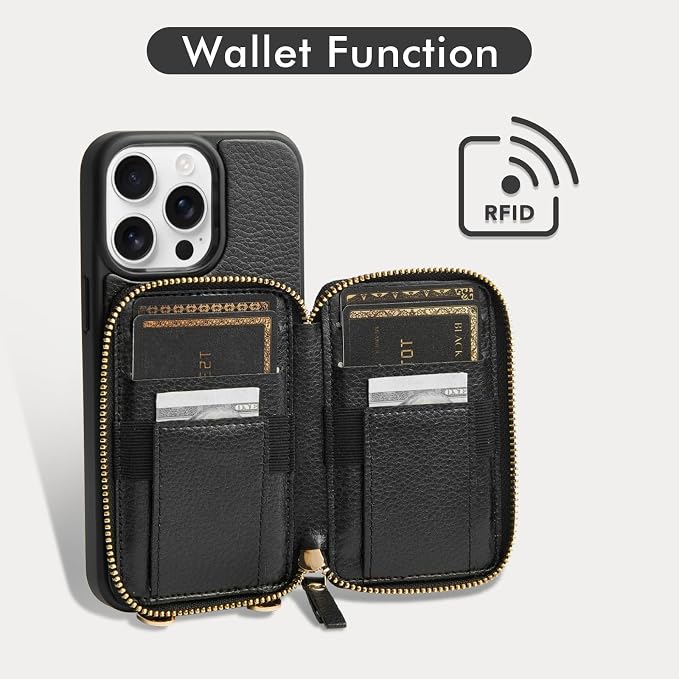 ZVE for iPhone 14 Pro Max Wallet Case Crossbody, Card Holder Zipper Phone Cover for Women RFID Blocking Wrist Strap for iPhone 14 Pro Max, 6.7 inch, 2022- Black