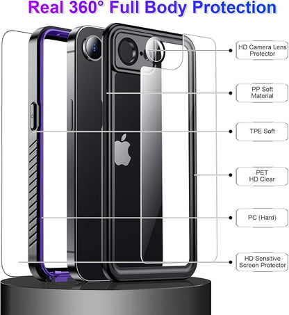 Temdan Compatible with iPhone 16e Case Waterproof, Built-in Screen & Camera Protector IP68 Underwater Full Body 16FT Military Dropproof Shockproof Phone Case for iPhone 16e 6.1"-Purple/Clear