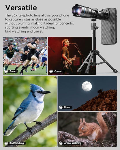 Evil eye 36X Telephoto Lens for iPhone 16 Pro Max, High Power HD Telephoto Phone Lens with Tripod, Phone Lens Attachments for Travel, Concert, Exploration