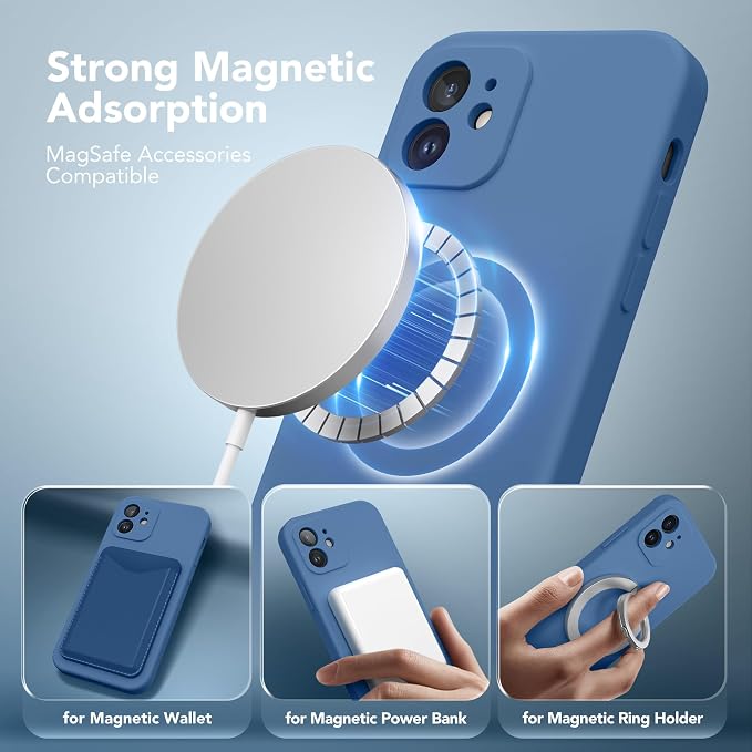 Magnetic for iPhone 12 Case, Compatible with MagSafe, [Full Camera Protection][Screen Protector] Silicone Shockproof Protective Phone Case for iPhone 12 6.1", Lake Blue