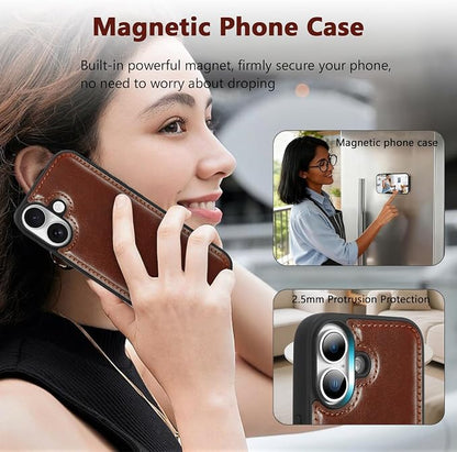 Wallet Case for iPhone 17 with Card Holder/Crossbody Wallet/Strap,[RFID Blocking][Magnetic] PU Leather Phone Case for iPhone 17,6.3 in,Brown