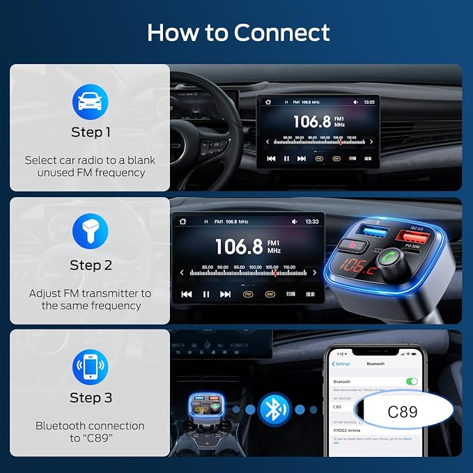Bluetooth 5.4 Car Adapter, Wireless FM Transmitter with Deep Bass Player, 48W Fast Charging Bluetooth Adapter for Car, Hands-Free Calling & Audio Receiver, MP3 Music Player, Support USB Drive