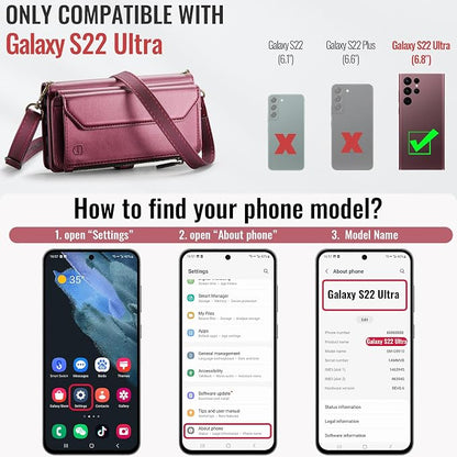 Strapurs Crossbody Wallet Case Compatible with Samsung Galaxy S22 Ultra 5G RFID Blocking 10-Card Holder Soft PU Leather Magnetic Snap Strap Zipper Pocket Phone Case Fit for Galaxy S22 Ultra - Wine Red