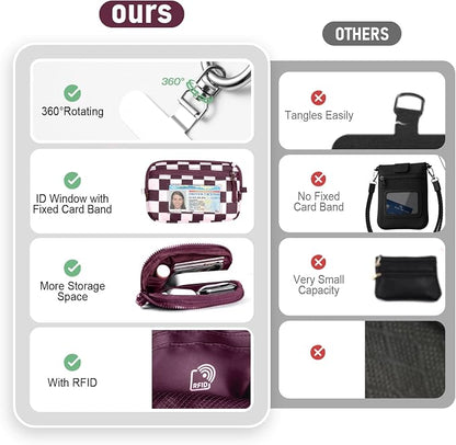 Clip and Go Strap for Phone with Wallet Crossbody Phone Lanyard and Detachable Checkered Bag with ID Window and RFID Pouch for Daily Travel.