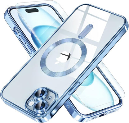 Misea Magnetic for iPhone 15 Case Compatible with MagSafe [Never Yellowing] [Military Grade Drop Protection] Full Camera Lens Protector Plating Soft Clear Phone Case for Women,Sierra Blue