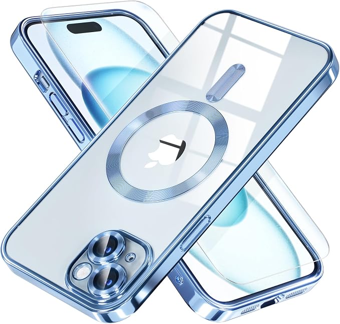 Misea Magnetic for iPhone 15 Plus Case Compatible with MagSafe [Never Yellowing] [Military Grade Drop Protection] Full Camera Lens Protector Plating Soft Clear Phone Case for Women, Sierra Blue