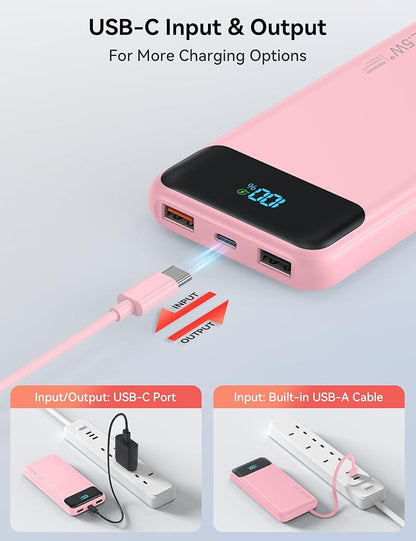 Portable Charger, 10000mAh 22.5W Fast Charging Power Bank with 4 Built-in Cables, Travel Essentials Battery Pack with LED Display, 6 Outputs Charging Bank Compatible with iPhone, iPad, Samsung Pink