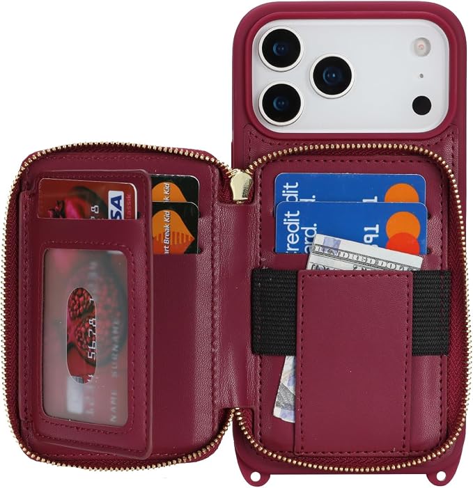 Crossbody Wallet Case for iPhone 17 Pro Max, PU Leather Zipper Handbag Purse Flip Cover, Kickstand Folio Case with Card Slots Holder Wrist Strap Lanyard 5G 6.9 Inch-Dark red
