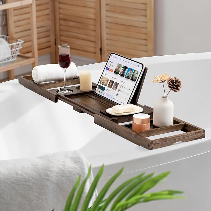 Fun Memories Teak Bathtub Tray for Tub – Adjustable Bath Caddy with Wine Glass Holder, Phone Dock & Book Stand – Solid Bath Tub Tray Wood – Dark Walnut Finish