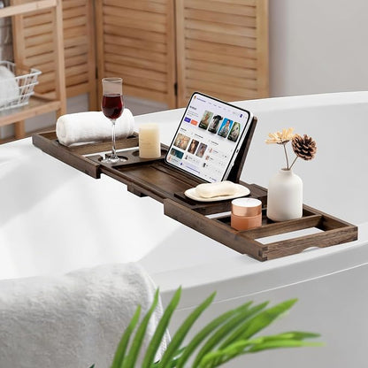 Fun Memories Teak Bathtub Tray for Tub – Adjustable Bath Caddy with Wine Glass Holder, Phone Dock & Book Stand – Solid Bath Tub Tray Wood – Dark Walnut Finish