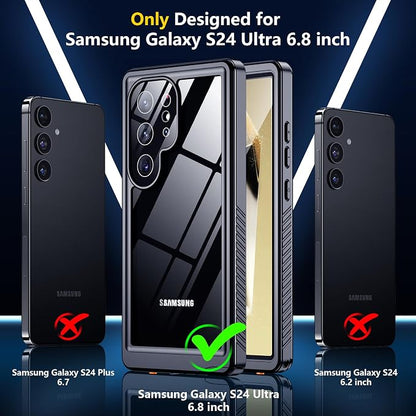SPIDERCASE Upgraded for Samsung Galaxy S24 Ultra Case Waterproof,Built-in Screen & Camera Lens Protector[IP68 Underwater] [Military Grade Shockproof] Full Body Protection Phone Case,Black/Clear