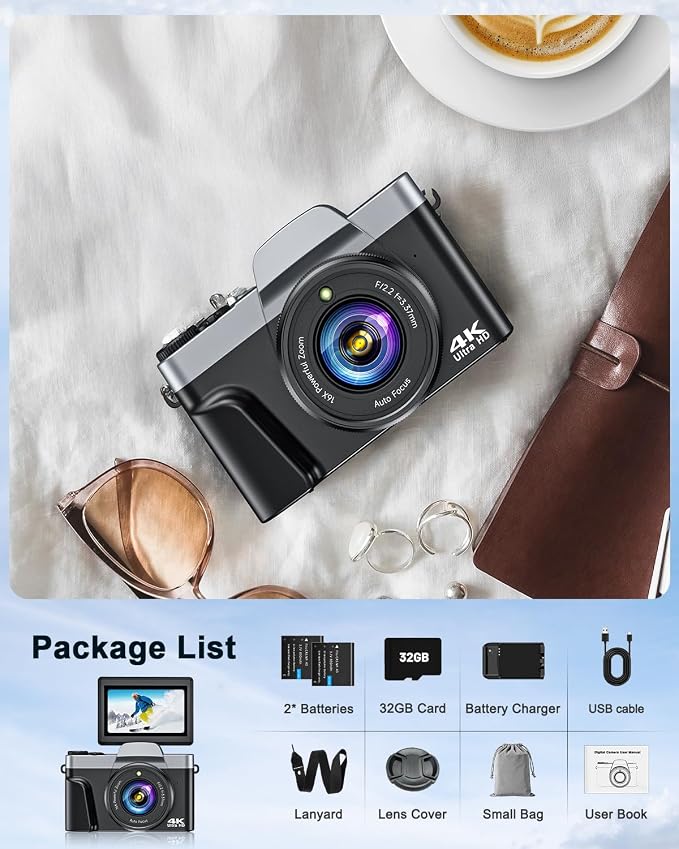 4K Digital Camera with WiFi 64MP Autofocus Vlogging Camera Compact Travel Cameras for Photography, 3" 180° Flip Screen 16X Zoom Flash Anti-Shake, Point and Shoot Camera for Beginner, Easy to Use