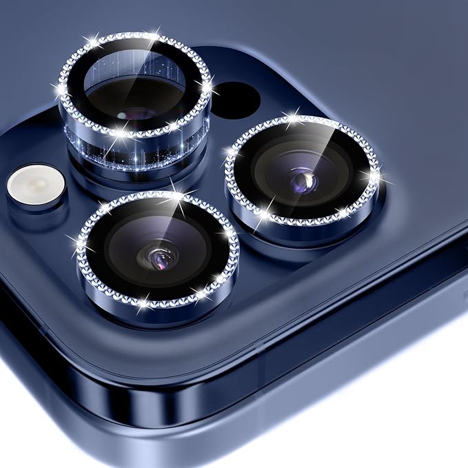 GolbinBox Camera Lens Protector for iPhone 15 Pro/15 Pro Max, 1:1 Invisible Fit, 9H Tempered Glass Ultra HD Metal Individual Camera Cover for Women, Case Friendly, Bling/Deep Blue