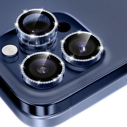 GolbinBox Camera Lens Protector for iPhone 15 Pro/15 Pro Max, 1:1 Invisible Fit, 9H Tempered Glass Ultra HD Metal Individual Camera Cover for Women, Case Friendly, Bling/Deep Blue
