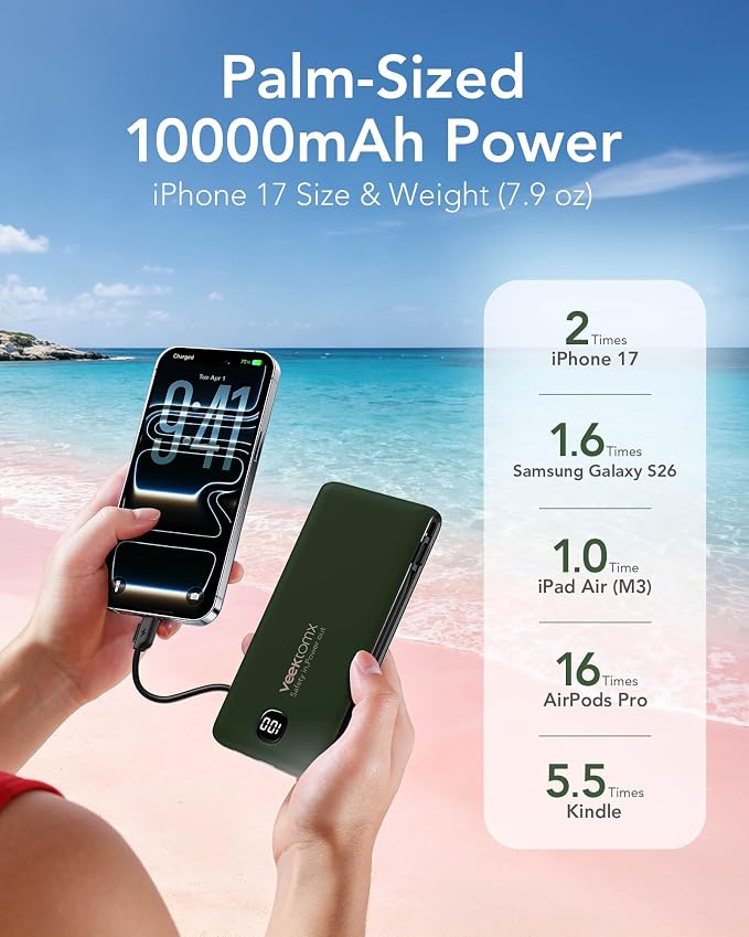VEEKTOMX Portable Charger with Built in Cables 10000mAh, Power Bank for iPhone with AC Wall Plug, Fast Charging USB C Slim Battery Pack with LED Display Compatible with iPhone 17/16/15, Samsung