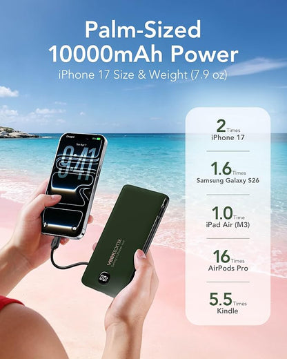 VEEKTOMX Portable Charger with Built in Cables 10000mAh, Power Bank for iPhone with AC Wall Plug, Fast Charging USB C Slim Battery Pack with LED Display Compatible with iPhone 17/16/15, Samsung