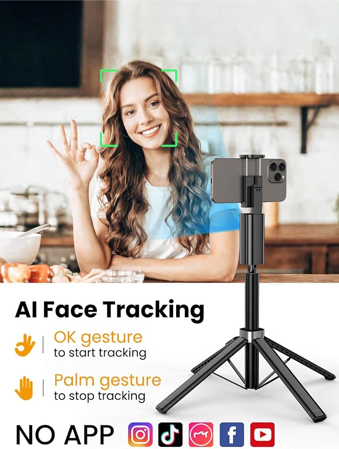 AOCHUAN Face Tracking Tripod for iPhone & Android,57'' Expandable 360 Rotation Selfie Stick that Follows Your Movement Rotation w/Remote, No APP, Phone Tripod Recording for YouTube, TikTok,Smart M3