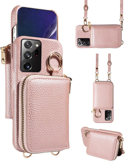 Wallet Case for Samsung Galaxy Note 20 Ultra 5G Shoulder Strap Ring Buckle Zipper Flip Organ Purse Card Holder Phone Cover for Note20 Plus Notes 20Ultra Note20+ U + 20+ Twenty Not S20 Rose Gold