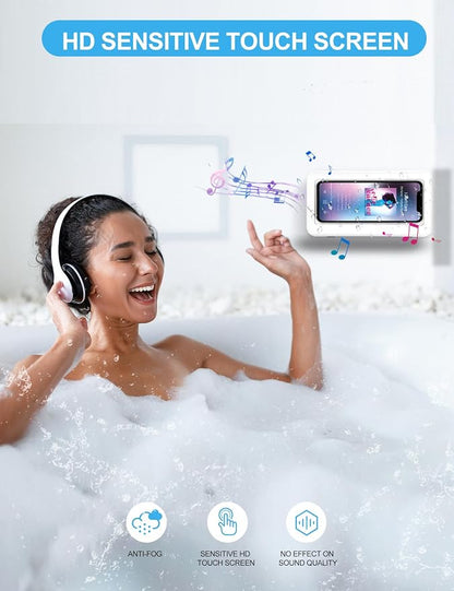 KUNSLUCK Shower Phone Holder, Waterproof Anti-Fog Touch Screen Case, Wall Mount for Bathroom Mirror Bathtub, Compatible with 4.7"-6.8" Mobile Phones (White)
