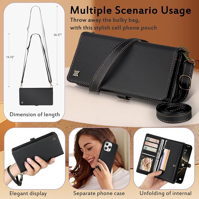 for Wallet Case Compatible with iPhone 16 Pro,Multi-Function Detachable 2 in 1 Magnetic iPhone 16 Pro Case Wallet,Flip Strap Zipper Card Holder Phone Case with Shoulder Straps (Black)