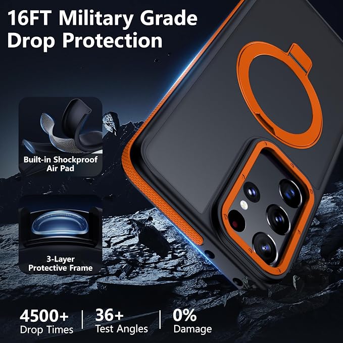 for Samsung Galaxy S21 Ultra Case, Magnetic Adjustable Ring Stand [Fit for Magsafe], [Military-Grade Shockproof Protection] Phone Case for S21 Ultra Case with Kickstand&Ring Holder (Orange)2